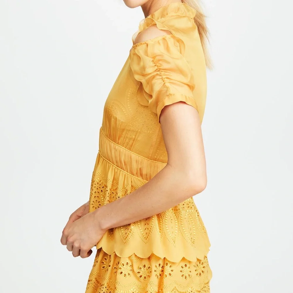 Self-Portrait NWT Tiered Chiffon Mini Cocktail Yellow Mustard Marigold US 2 UK 6 - Picture 5 of 8